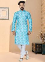 Dhupion Silk Sky Blue Festival Wear Printed Readymade Kurta Pajama